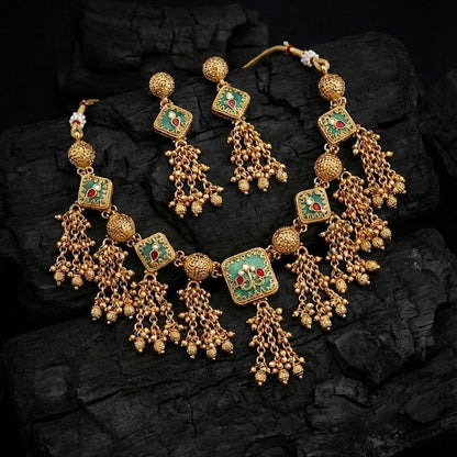 Luminous Meenakari Enamel Jewelry Set with Tassel Earrings - Gold Plated - Riwaaj