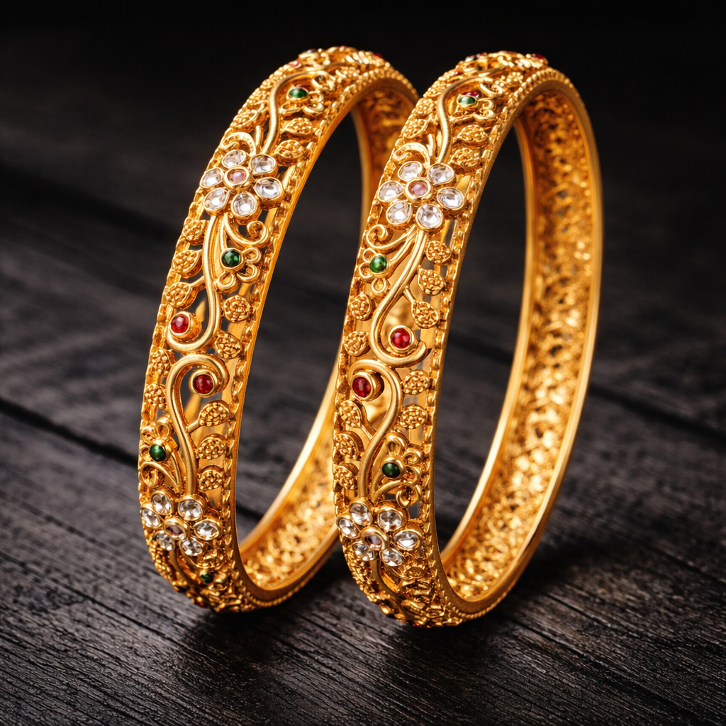 Floral Heritage Bangle Pair – 22K Gold Plated | Handcrafted Stone Carving