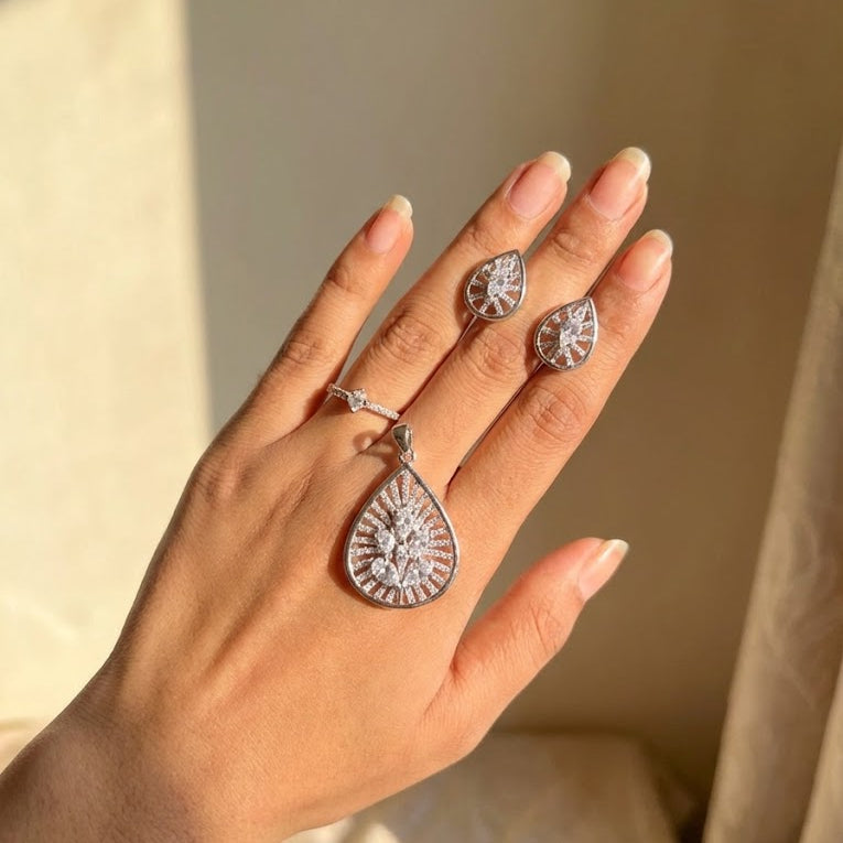 Silver Plated Teardrop Pendant & Earring Set with Zirconia Stones