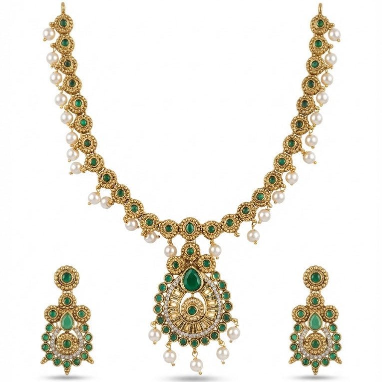 Heritage Crescent Moon Long Chain Necklace Set with Pearl Drops - Gold Plated - Riwaaj
