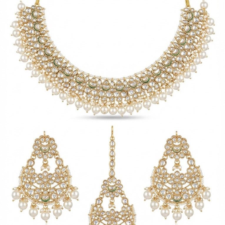 Luxury Kundan Jewelry Set - Necklace, Earrings & Teeka - Riwaaj