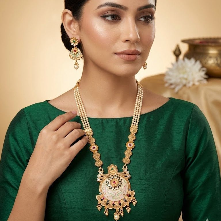Mughal Floral Medallion Necklace & Earring Set – 22K Gold Plated | Meenakari & Pearl Drop | - Riwaaj
