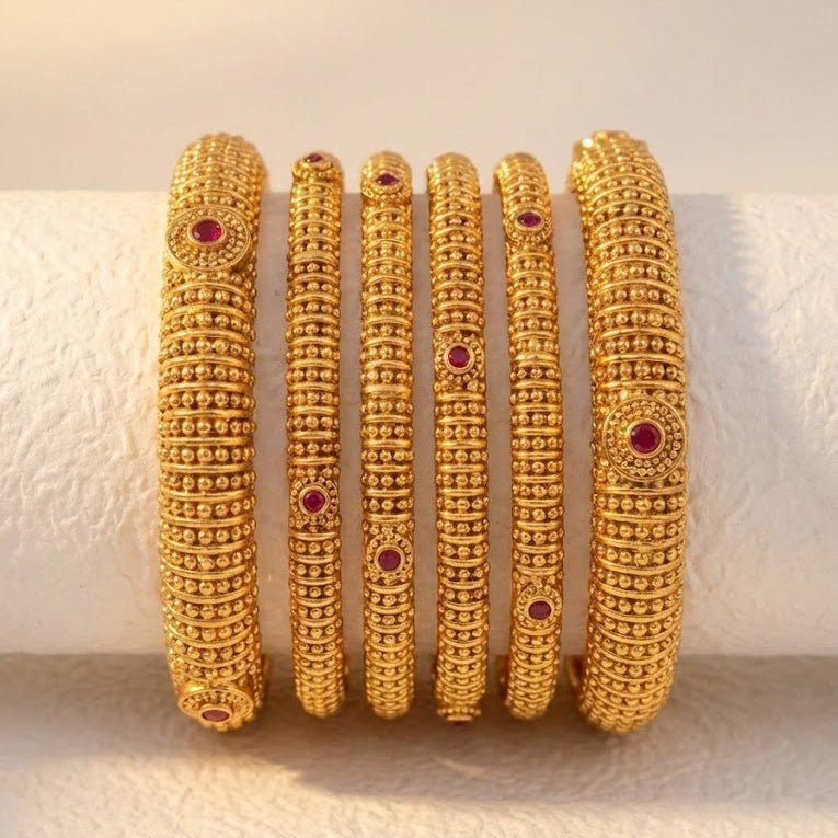 Gold Plated Bangle Set - 6 Piece with Ruby Stones & Beaded Design - Riwaaj