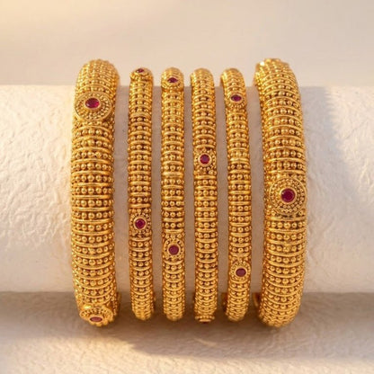 Gold Plated Bangle Set - 6 Piece with Ruby Stones & Beaded Design - Riwaaj