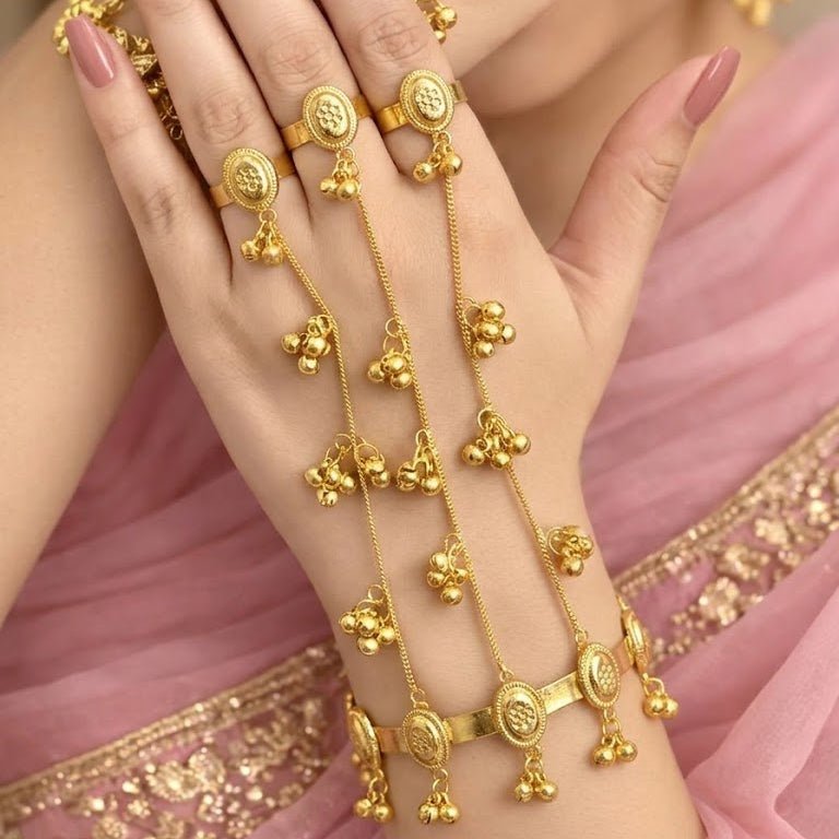 Kashmiri Style Gold Plated Hath Phool Bracelet Ring Hand Chain | Adjustable Design Haath Phool for Women (Single Piece) - Riwaaj