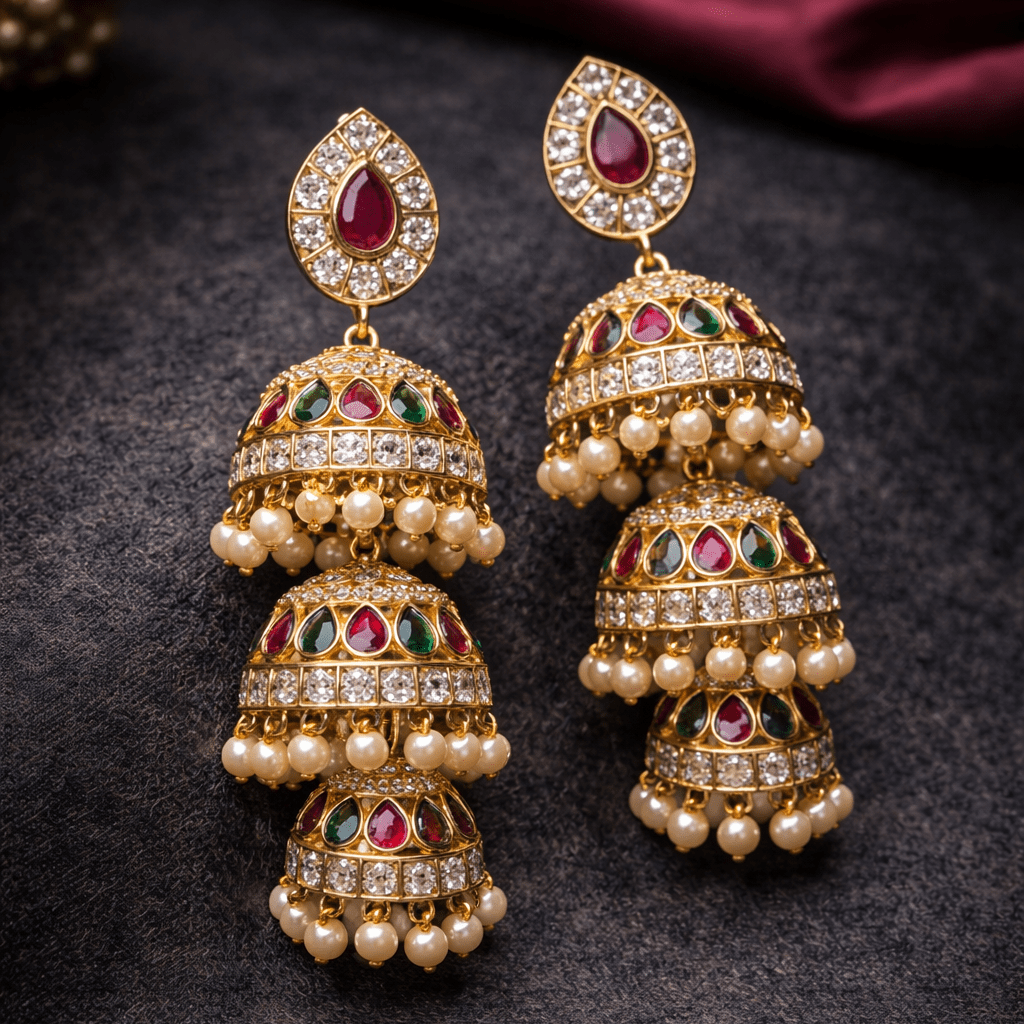 Heritage Three - Bell Jhumka Earrings – Gold Kundan, Emerald & Ruby - Riwaaj