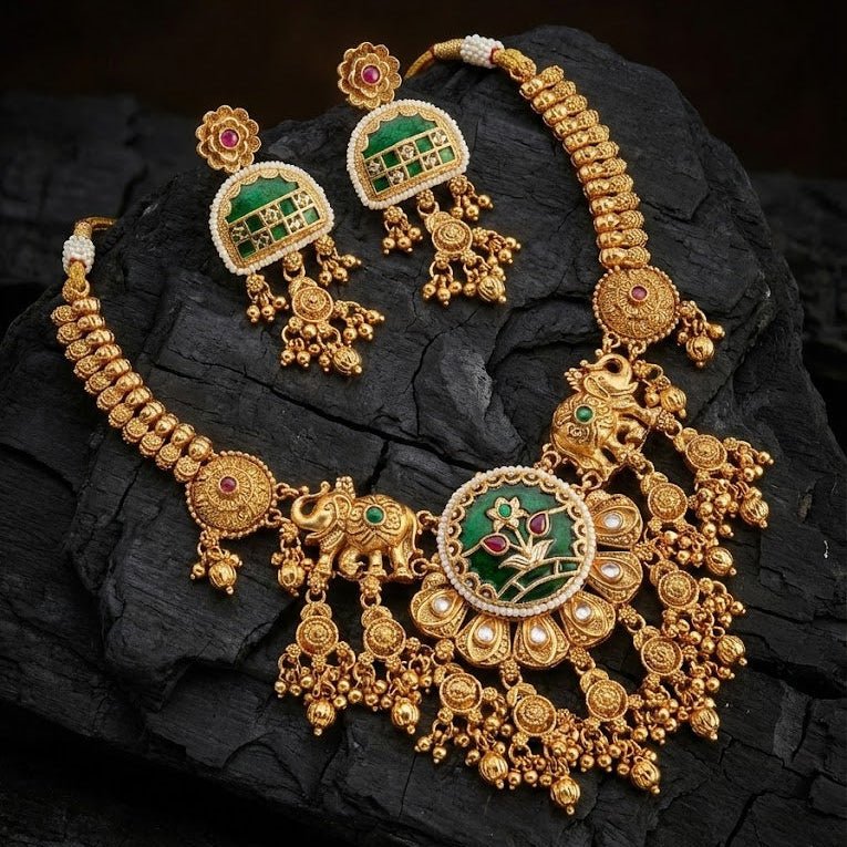 Divine Elephant Heritage Jewelry Set - Meenakari Antique Gold Plated - Riwaaj