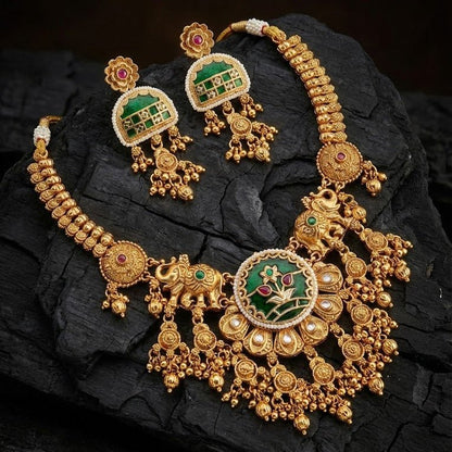 Divine Elephant Heritage Jewelry Set - Meenakari Antique Gold Plated - Riwaaj
