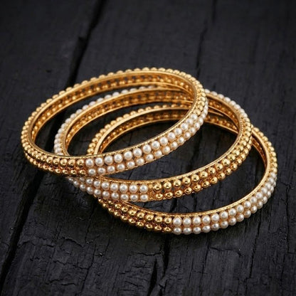Gold Plated Pearl Bangle Set - 4 Piece with Beaded Design - Riwaaj