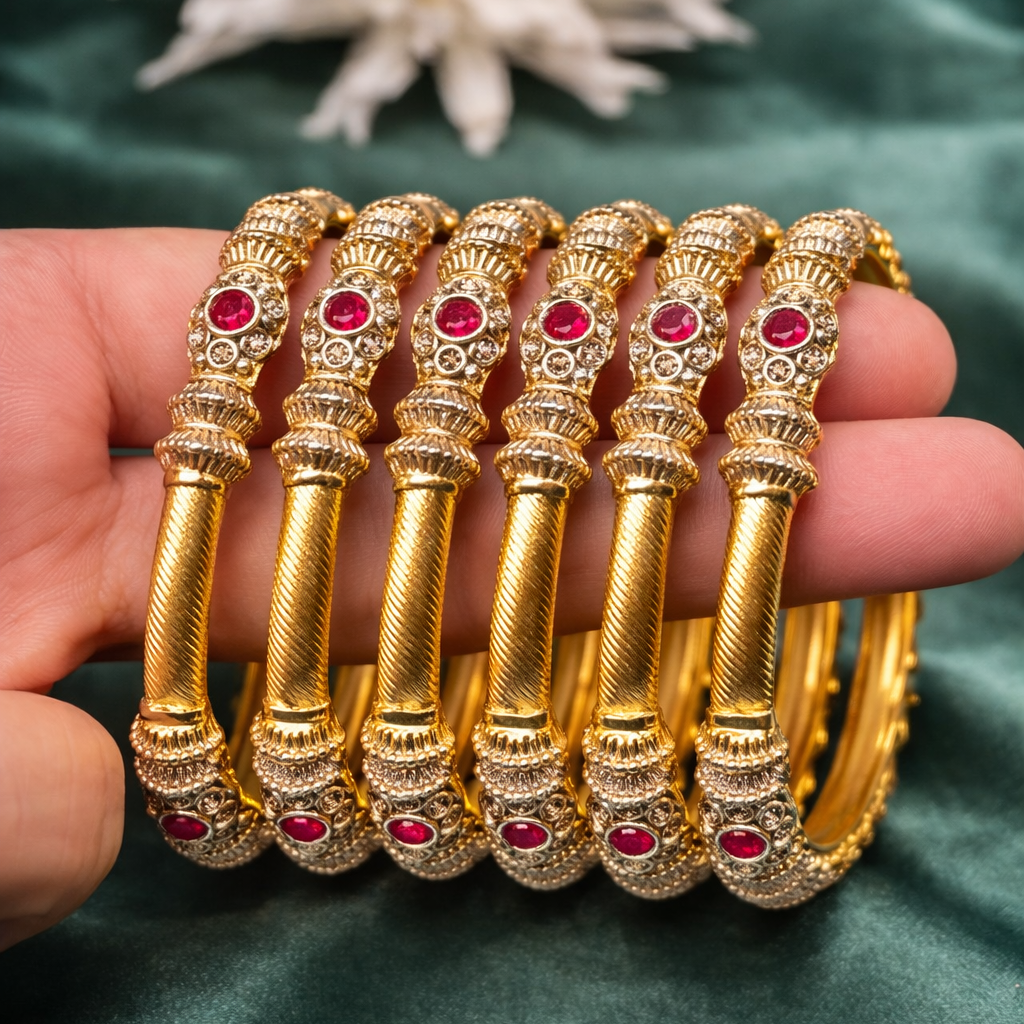 Heritage Pillar Choori Bangle Set – 22K Gold Plated | Set of 6 | Ruby, Green & Champagne |