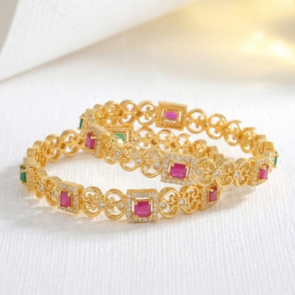 Gold Plated Filigree Bangle Set - 2 Piece with Ruby & Emerald Stones - Riwaaj