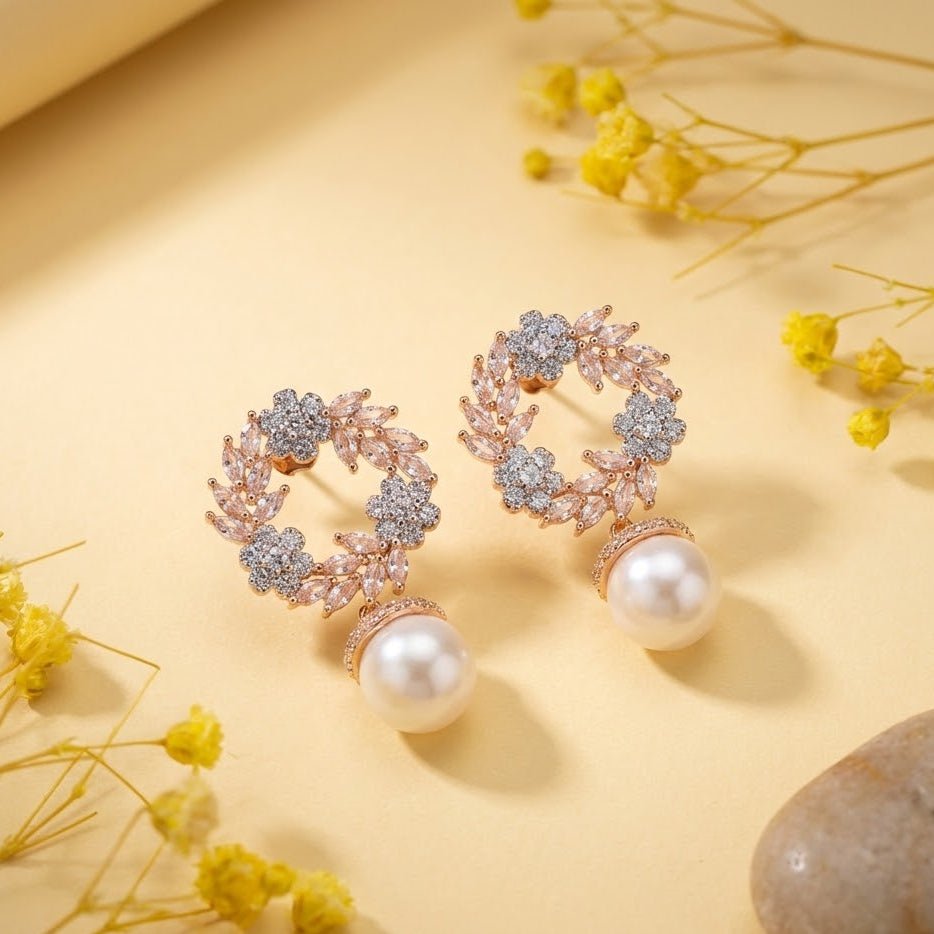 Rose Gold Floral Blossom Drop Earrings - Riwaaj
