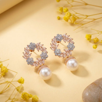 Rose Gold Floral Blossom Drop Earrings - Riwaaj