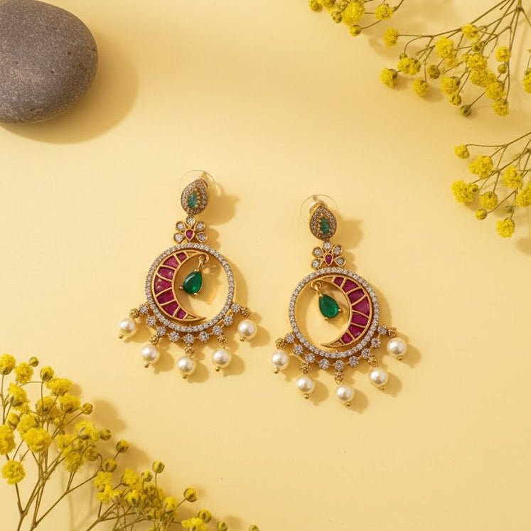 Emerald Green Crescent Moon Drop Earrings - Riwaaj