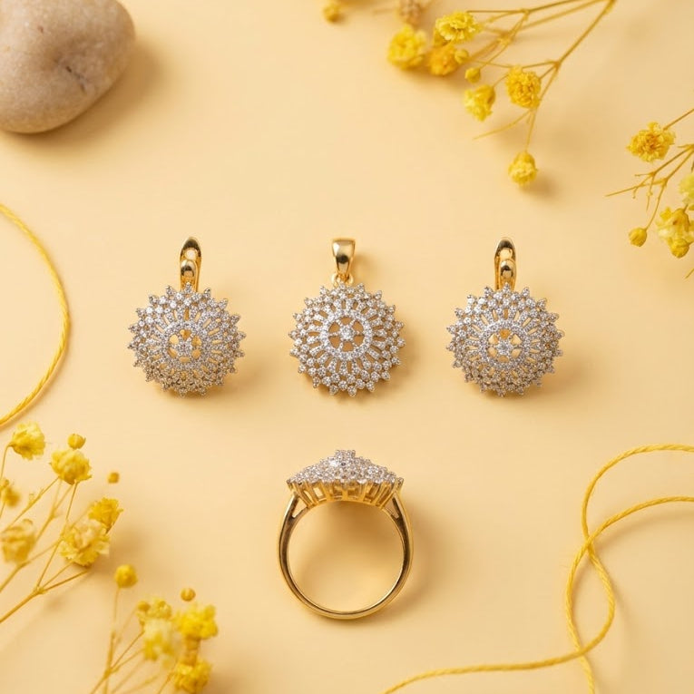 Halo Starburst Jewelry Set - 3 Piece Gold Silver Plated with Zirconia