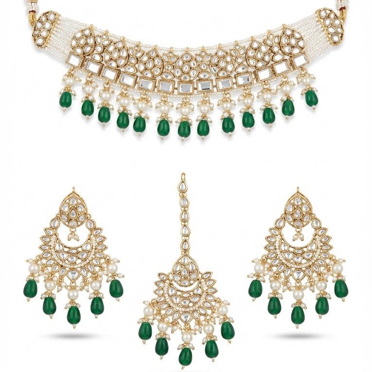 Mehtab Mirror - Work Kundan Jewelry Set - 4 Piece Gold Plated - Riwaaj