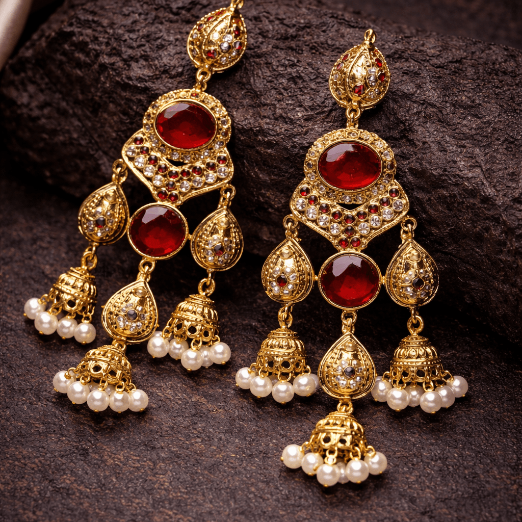 Antique Gold Jhumka Chandelier Earrings – Ruby Kundan & Pearl Drops - Riwaaj