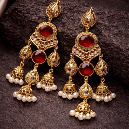 Antique Gold Jhumka Chandelier Earrings – Ruby Kundan & Pearl Drops - Riwaaj