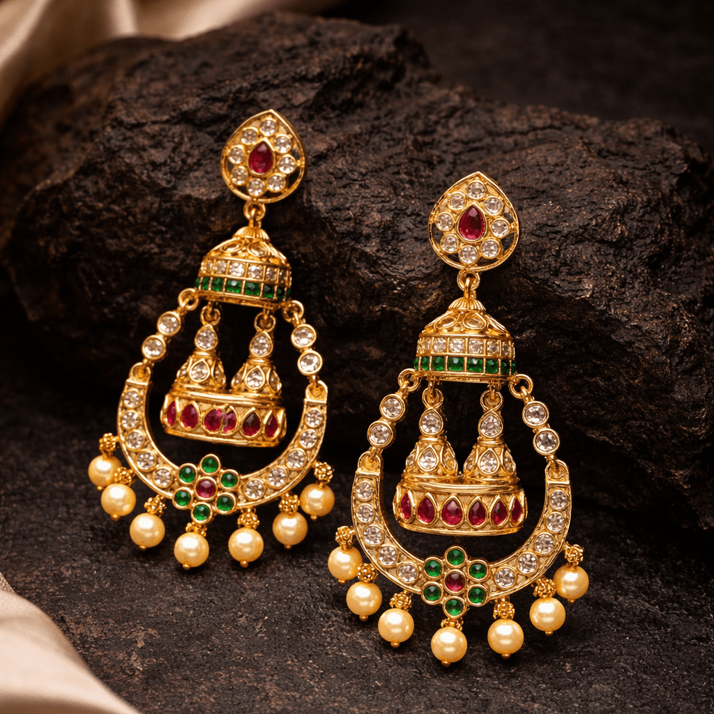 Zara Bridal Jhumka Earrings – Antique Gold Kundan with Pearl Drops - Riwaaj