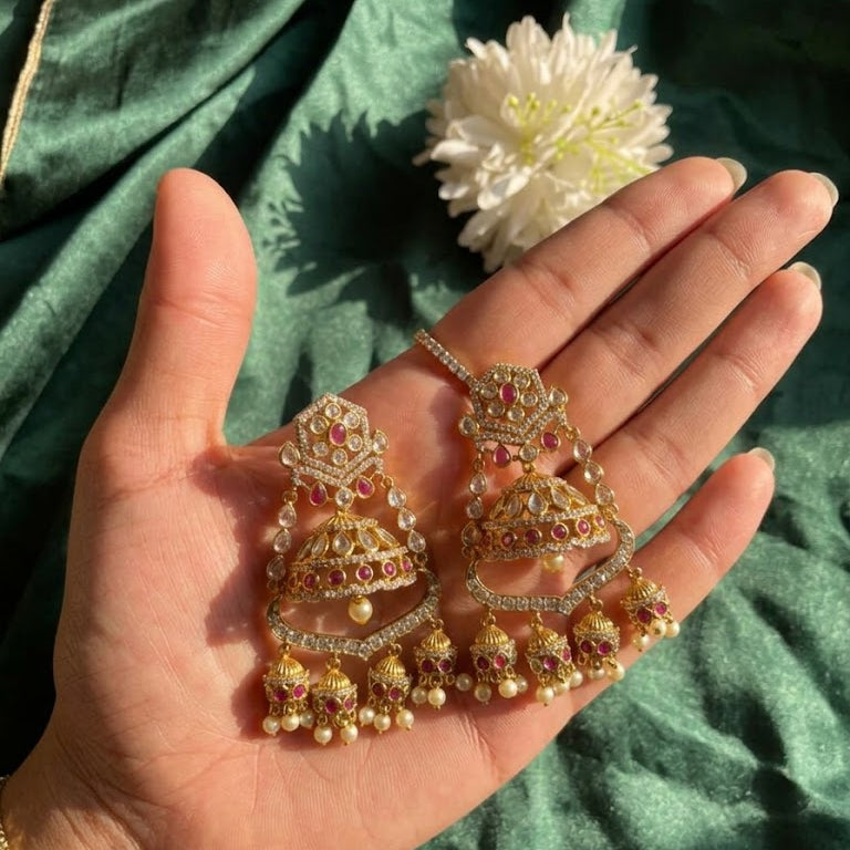Majestic Chandbali Jhumka Earrings – Gold Kundan with Ruby & Emerald Drops