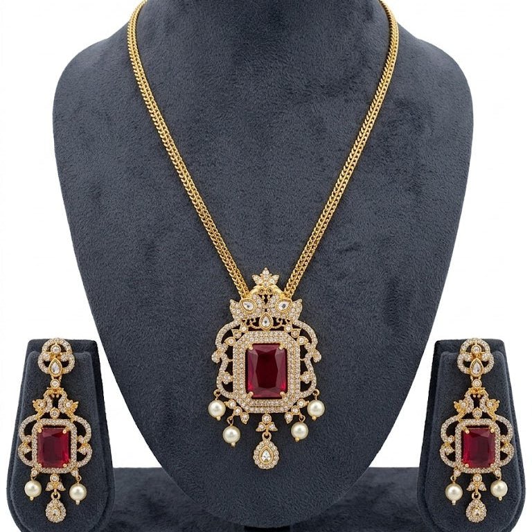 Regal Jadau Kundan Necklace Set with Rectangular Gemstones & Pearl Drops - Riwaaj