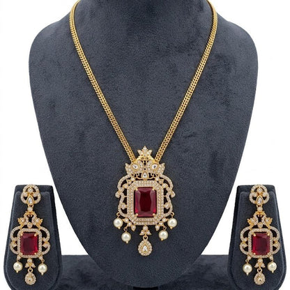 Regal Jadau Kundan Necklace Set with Rectangular Gemstones & Pearl Drops - Riwaaj