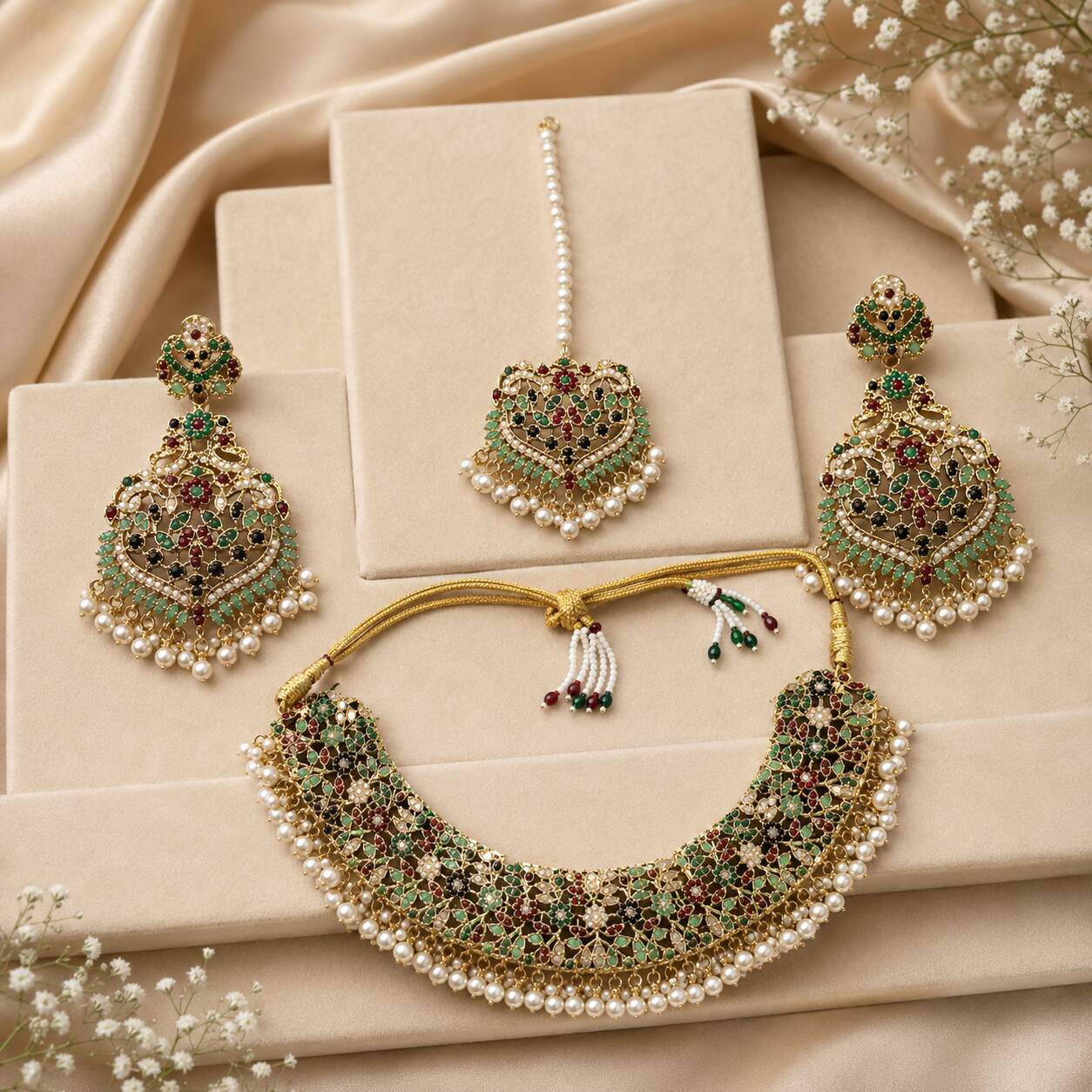 Gulbahar Multicolour Floral Pearl Bridal Jewellery Set