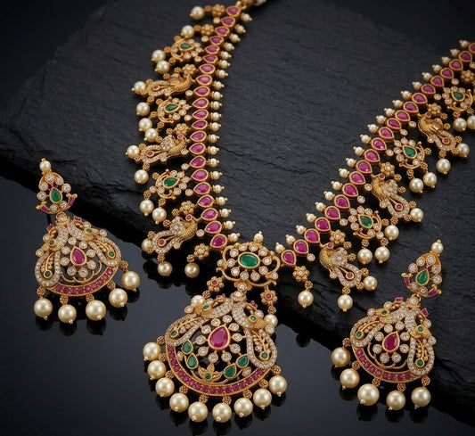 Mayura Heritage Jewellery Set – Antique Gold, Ruby & Emerald with Pearl