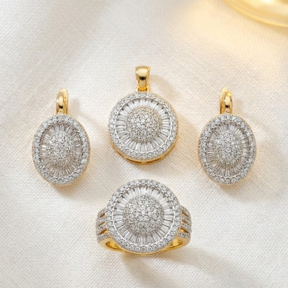 Gold & Silver Plated Oval Halo Jewelry Set - Pendant, Ring & Earrings