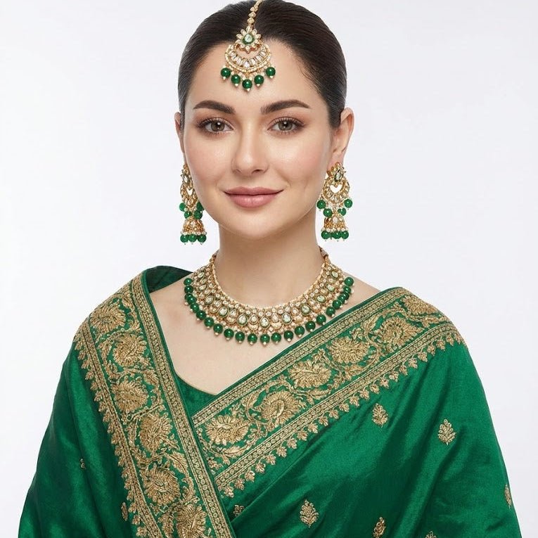 Moonlight Mirror - Work Kundan Set with Chandbali Earrings - 3 Piece Gold Plated - Riwaaj