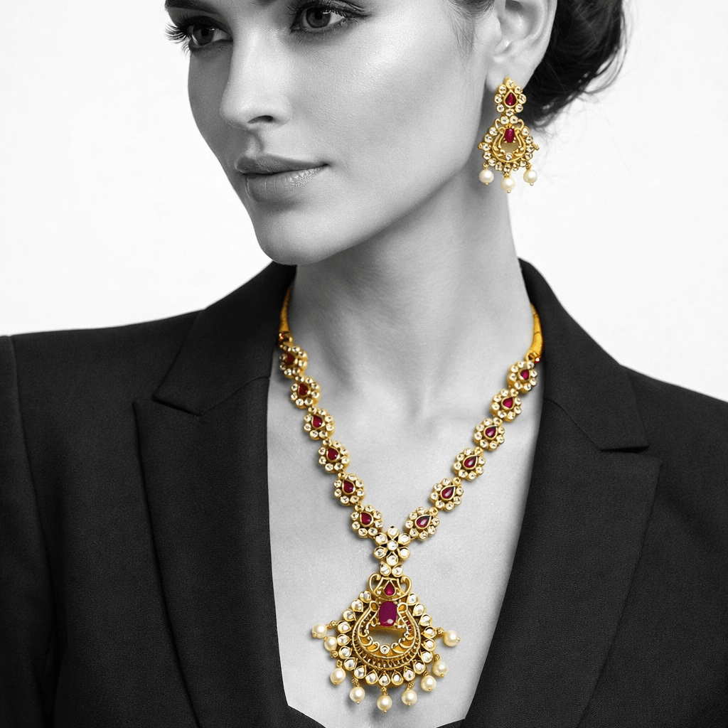 Star & Moon Floral Link Necklace Set - Gold Plated - Riwaaj
