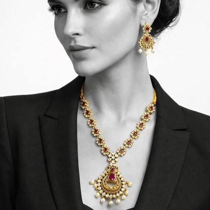 Star & Moon Floral Link Necklace Set - Gold Plated - Riwaaj