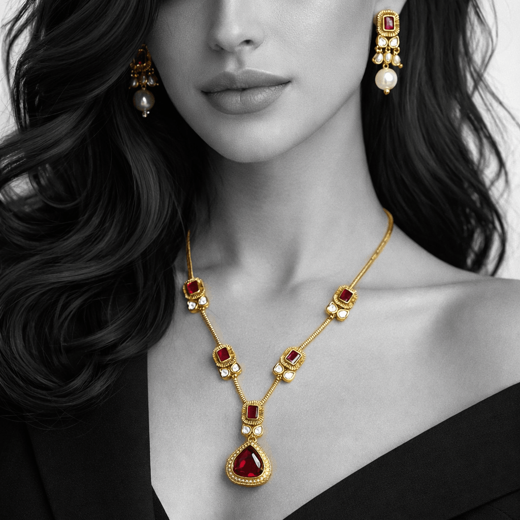 Modern Teardrop Pendant Necklace Set - Contemporary Gold Plated Jewelry - Riwaaj
