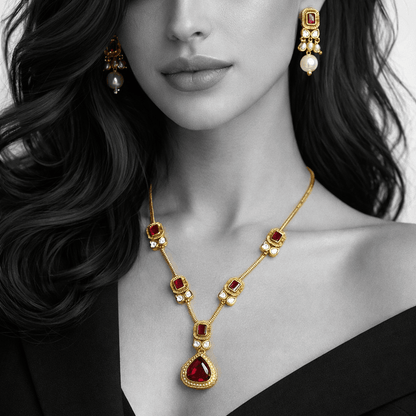 Modern Teardrop Pendant Necklace Set - Contemporary Gold Plated Jewelry - Riwaaj