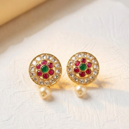 Gold Plated Floral Pearl Drop Earrings with Emerald & Ruby Stones - Riwaaj