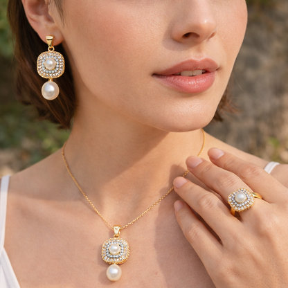 Zirconia Pearl Locket Set - Gold Silver Plated Pendant Earrings Ring