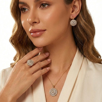 Halo Starburst Jewelry Set - 3 Piece Gold Silver Plated with Zirconia
