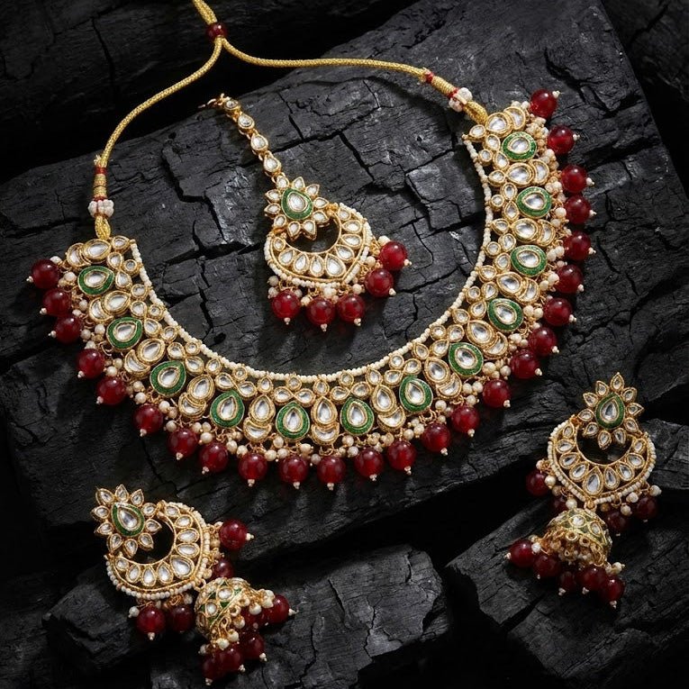Moonlight Mirror - Work Kundan Set with Chandbali Earrings - 3 Piece Gold Plated - Riwaaj