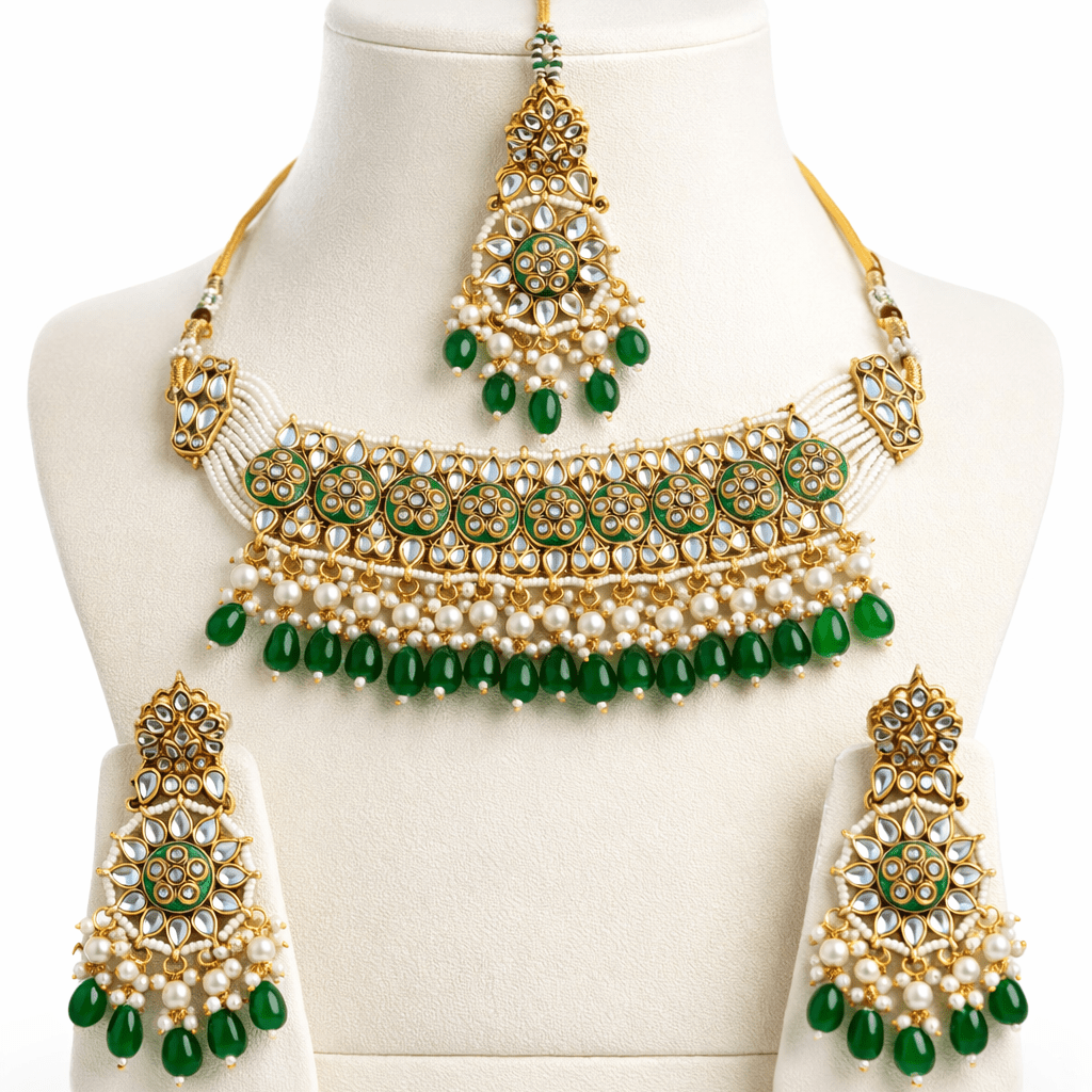 Riwayat Mirror - Work Kundan Jewelry Set - 4 Piece Gold Plated - Riwaaj