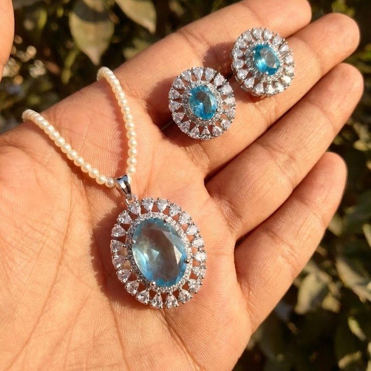 Empress Oval Pendant Set - Rhodium Plated Zirconia Necklace & Earrings - Riwaaj