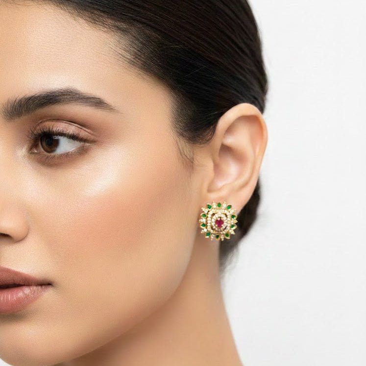 Gold Plated Sunburst Floral Stud Earrings with Multi - Color Zirconia - Riwaaj