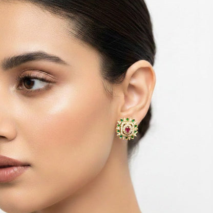 Gold Plated Sunburst Floral Stud Earrings with Multi - Color Zirconia - Riwaaj