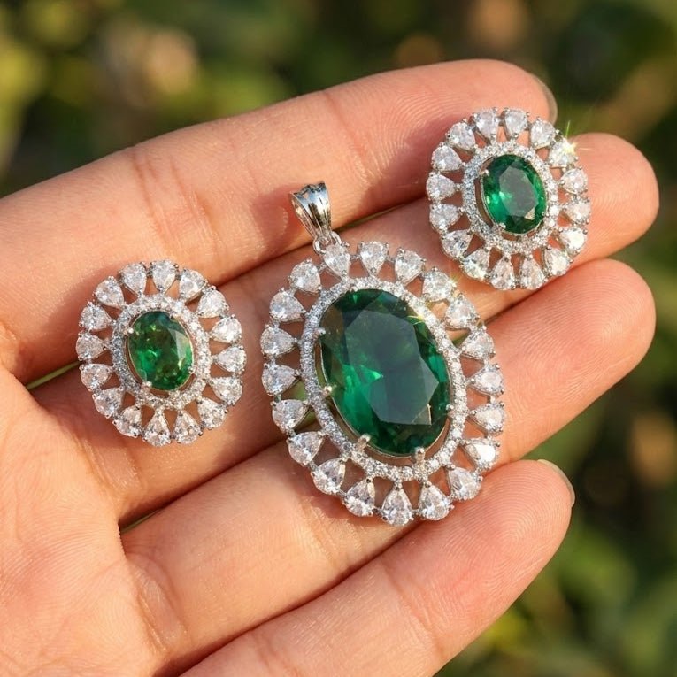 Empress Oval Pendant Set - Rhodium Plated Zirconia Necklace & Earrings - Riwaaj