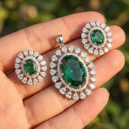 Empress Oval Pendant Set - Rhodium Plated Zirconia Necklace & Earrings - Riwaaj