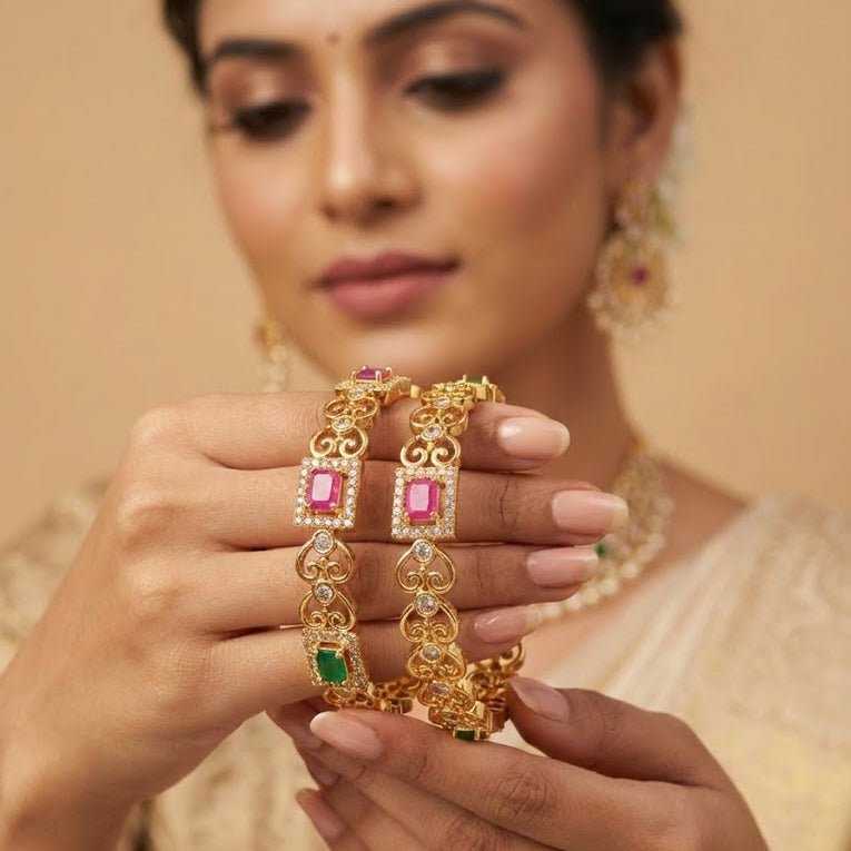 Gold Plated Filigree Bangle Set - 2 Piece with Ruby & Emerald Stones - Riwaaj