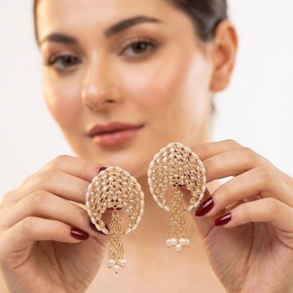 Gold Plated Statement Tassel Earrings with Pearls & Marquise Stones