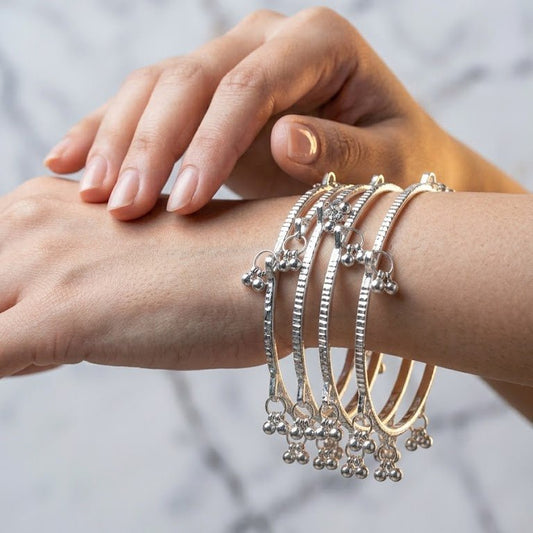 Silver Kashmiri Ghungroo Charm Bangle Set – 22K Gold Plated | Set of 4 | - Riwaaj