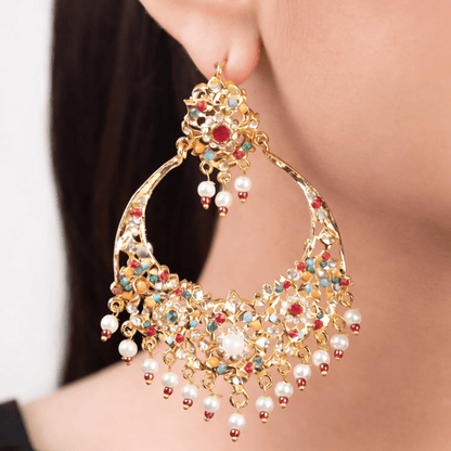 Gul - e - Rang Chandbali Earrings – 22K Gold Multicolour Kundan & Pearl Drops - Riwaaj