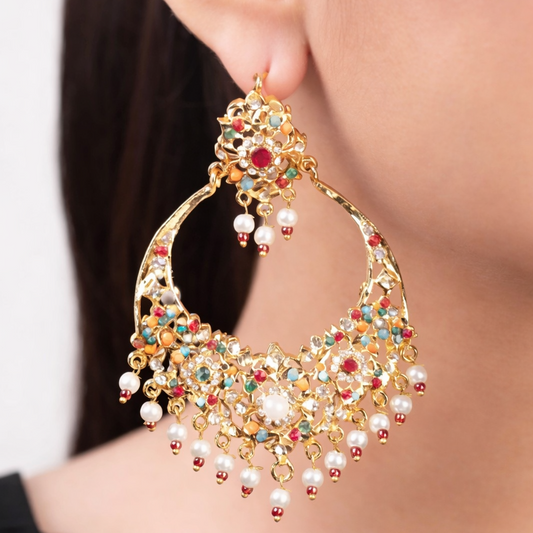 Gul-e-Rang Chandbali Earrings – 22K Gold Multicolour Kundan & Pearl Drops