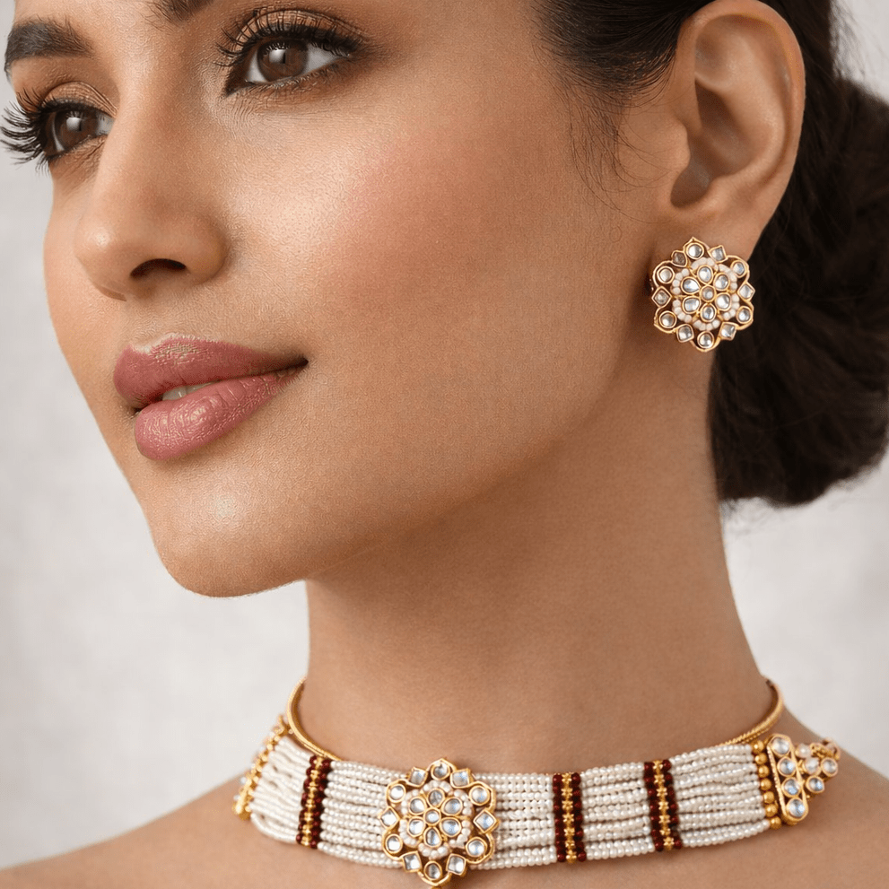 Layered Pearl Choker Set - Gold Plated Kundan Jewelry - Riwaaj